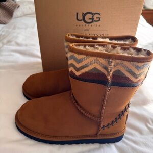 UGG Tan Suede Short Boots with Patterned Knit Cuff